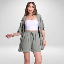 Conjunto Feminino Verão Estiloso Kimono Leve + Shorts Confortável Conjunto Feminino Verão Estiloso Kimono Leve + Shorts Confortável