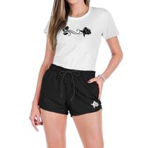 Conjunto Feminino Verão Moda Praia Camiseta Algodão Short Tactel Estampada