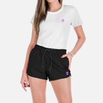 Conjunto Feminino Verão Moda Praia Camiseta Algodão Short Tactel Estampada