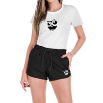 Conjunto Feminino Verão Moda Praia Camiseta Algodão Short Tactel Estampada