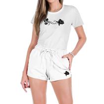 Conjunto Feminino Verão Moda Praia Camiseta Algodão Short Tactel Estampada