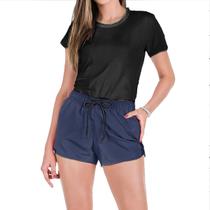 Conjunto Feminino Verão Moda Praia Camiseta Algodão Short Tactel Liso