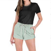 Conjunto Feminino Verão Moda Praia Camiseta Algodão Short Tactel Liso