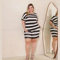 Conjunto Feminino Verão Plus Size Blusa Manga Curta e Shorts com Bolsos