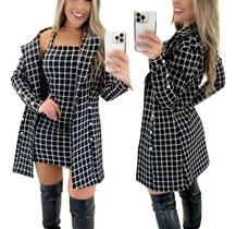 Conjunto Feminino Vestido Xadrez E Sobretudo