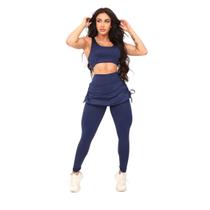 Conjunto Feminino Vih Triny Top e Legging Saia Repuxada Moda Fitness Azul Marinho