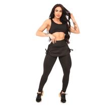 Conjunto Feminino Vih Triny Top e Legging Saia Repuxada Moda Fitness Preto
