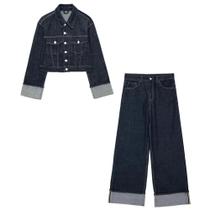 Conjunto Feminino Vintage De Jeans: Jaqueta Cropped Casual Com Lapela E Manga Longa E Calça Jeans