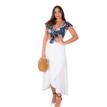 Conjunto Feminino Viscose Saia Longa Blusa Amarrar Azul/Bran