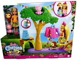 Conjunto Festa Aniversário Na Selva - Acompanha Acessórios E Boneca Chelsea - Com Filhotes Pets Macaquinho E Bicho Preguiça - Mattel