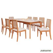 Conjunto Ficus 2,10 com 8 Cadeiras Buriti Perfeito para Salas Grandes Madeira/Off White/Linho Cru