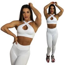 CONJUNTO FITNESS ACADEMIA CALÇA EMPINA BUMBUM E TOP BRANCO - Tam Único