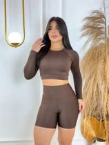 Conjunto Fitness Academia Short E Top Cropped Manga Longa Marrom