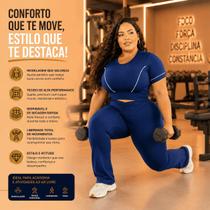 Conjunto Fitness AZUL Plus Size Feminino Suplex Calça Legging Cós Alto Top Cropped Manga Curta - Conjunto Fitness AZUL Plus Size Feminino Suplex Calça Legging Cós Alto Top Cropped Manga Curta -