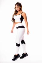 Conjunto Fitness calça legging Cintura Alta + Cropped Alcinha - Branco e Preto