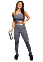 Conjunto Fitness Calça Legging Cintura Alta + Cropped Alcinha Cinza Mescla com Elásticos