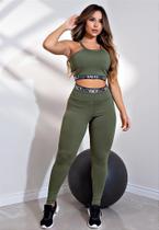 Conjunto Fitness Calça Legging Cintura Alta + Cropped Alcinha Verde com Elásticos