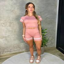 Conjunto Fitness Cropped Short Cintura Alta Listras Academia