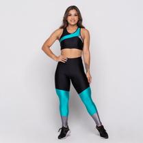Conjunto Fitness Dily Poliamida Metalic Preto com Recortes Jade e Cinza Confortável Para Treinar Conjunto Fitness Dily Poliamida Metalic Preto com Recortes Jade e Cinza Confortável Para Treinar