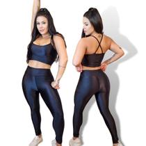 Conjunto Fitness Feminino 3D Tecido Brilhoso Top + Legging