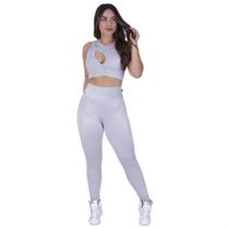 Conjunto Fitness Feminino Calça Legging e Top Bojo Cirrê Relevo Orbis - Branco Gelo, M