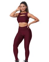 Conjunto Fitness Feminino Cós Alto Texturizado Alta Compressão Poliamida Academia Treino Cor:MarsalaTamanho:G