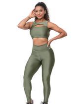 Conjunto Fitness Feminino Cós Alto Texturizado Alta Compressão Poliamida Academia Treino Cor:MusgoTamanho:GG