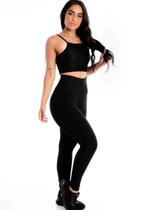 Conjunto Fitness Feminino Cropped e Calça Legging Detalhe Tela - Preto