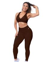 Conjunto Fitness Feminino Legging e Top Modelador Cós Alto Zero Transparência Academia Treino Confortável Cor:MarromTam