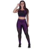 Conjunto Fitness Feminino Legging Recortes Tela + Top Frente Única Tela e Bojo Cirrê 3D Orbis