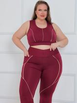 Conjunto Fitness Feminino Plus Size Vinho G1 48-50 Top e Legging com Bolso