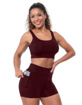 Conjunto Fitness Feminino Poliamida Top Com Bojo Removível Short Cós Alto Com Bolso Academia Cor:MarinhoTamanho:P