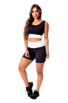 Conjunto Fitness Feminino Short Preto com Branco Cintura Alta e Cropped Regata Academia