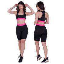 Conjunto Fitness Feminino Top Alça Larga Decote Quadrado E Bermuda Cintura Alta