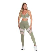 Conjunto Fitness Feminino Top Decote V Cavado Legging Compressão Modelador Detalhe Tela UV50+