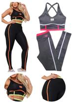 Conjunto Fitness Feminino Top e Legging com Detalhes em Cores Neon - P, M, G, GG