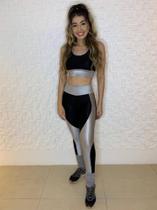 Conjunto Fitness Legging e Top Cintura Alta Preto E Cinza Cirre Poliamida Academia - MF FASHION