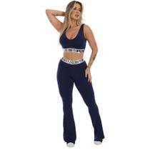 Conjunto Fitness Legging Flare Top Liso Azul Feminino Adulto