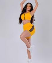 Conjunto Fitness Premium Poliamida Shot e Top c/ Bojo Removível Fecho Frontal Detalhes em Tule