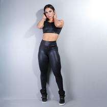 Conjunto Fitness Preto em Cirrê com Calça e Cropped sem Bojo Treino