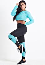 Conjunto Fitness Racy Calça Legging + Cropped de Telinha Manga Longa com Detalhes REF: