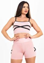 Conjunto Fitness Short Cintura Alta e Bolso + Cropped de alcinha com elastico em X