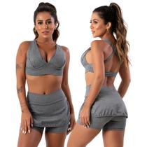 Conjunto Fitness Short Saia Suplex Liso+Top Bojo Treino Academia