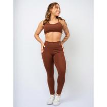 Conjunto Fitness Top Alça e Calça Legging Cós Alto Feminino Liso Básico Academia