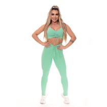 Conjunto Fitness Top Alça Fina Legging Cintura Alta Dupla Poliamida Alta Compressão Decote V UV50+