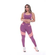 Conjunto Fitness Top Alças Médias Calça Legging Cintura Alta Zero Transparência Compressão UV50+