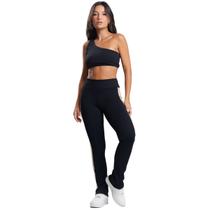 Conjunto Fitness Top e Calça Canelado Bella Fiore Poliamida Assimétrico Fitness Musculação Treino Tamanho:GCor:PretoGê
