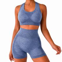 Conjunto Fitness Top e Short Feminino Cintura Alta com Detalhes Mesh Respirável