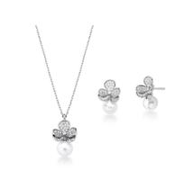 Conjunto Flor Cravejada com Pérola Banhado a Ródio - Semijoias