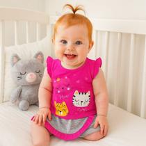 Conjunto Fofura Short Saia + Blusa Gatinha para Bebê Menina Tam RN a 03 Meses Conjunto Fofura Short Saia + Blusa Gatinha para Bebê Menina Tam RN a 03 Meses